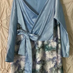SHEIN Satin Blue and Multicolor Long Sleeve Dress
